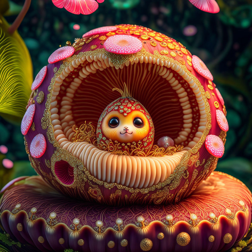 Colorful whimsical creature in ornate fruit-like pod with lush foliage