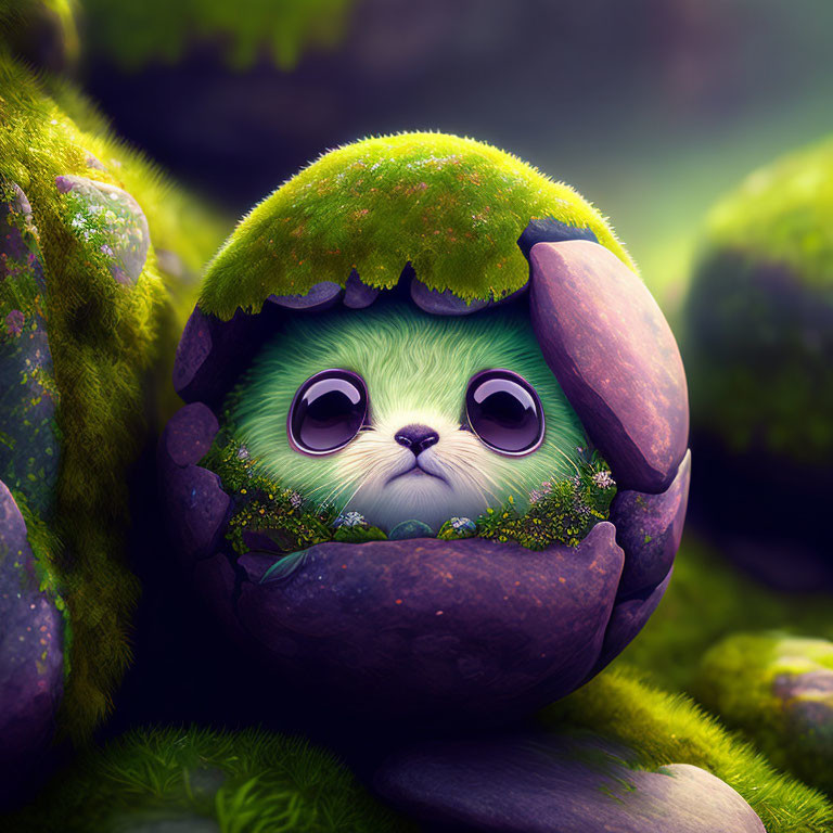 Fantasy creature hatching from cracked egg in lush green setting