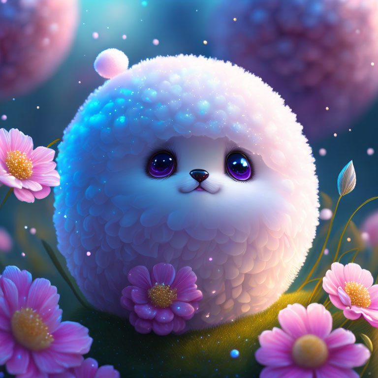 Fluffy Round Creature with Purple Eyes in Pink Flowers