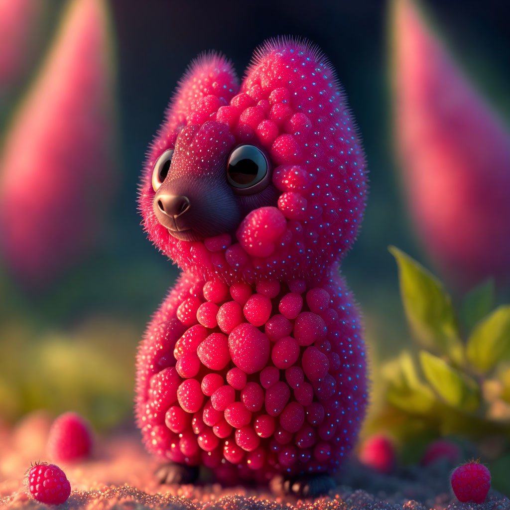 Stylized pink creature with big eyes among raspberries