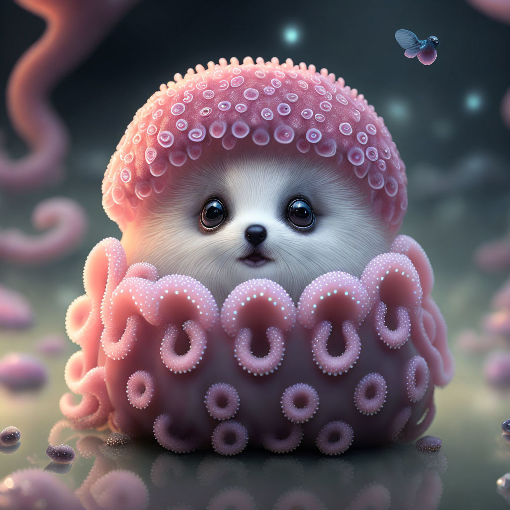 Illustration of puppy in octopus costume with expressive eyes in whimsical setting