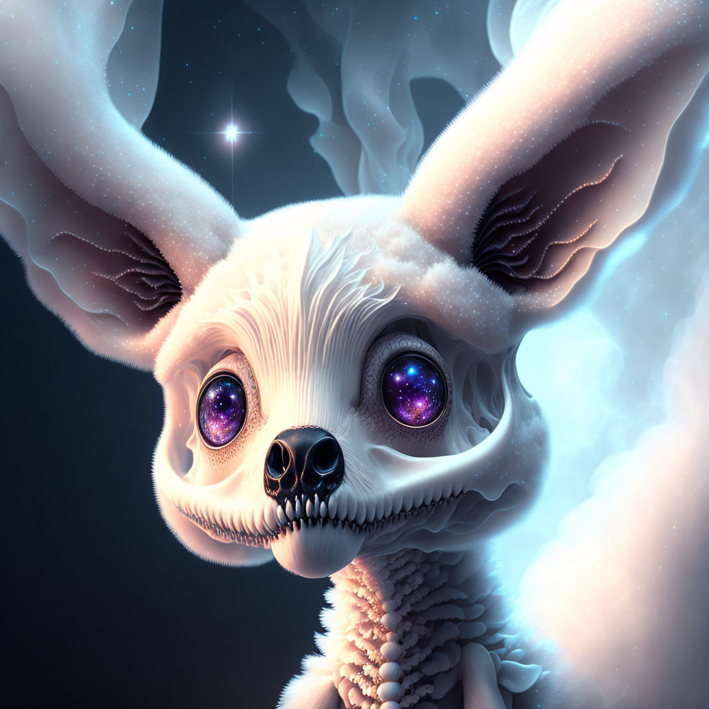 Fantasy fennec fox creature with purple eyes in starry setting