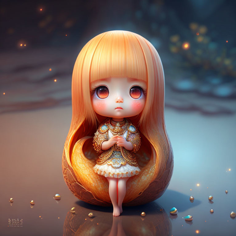 Blonde-haired doll in gold and white outfit on crescent moon.