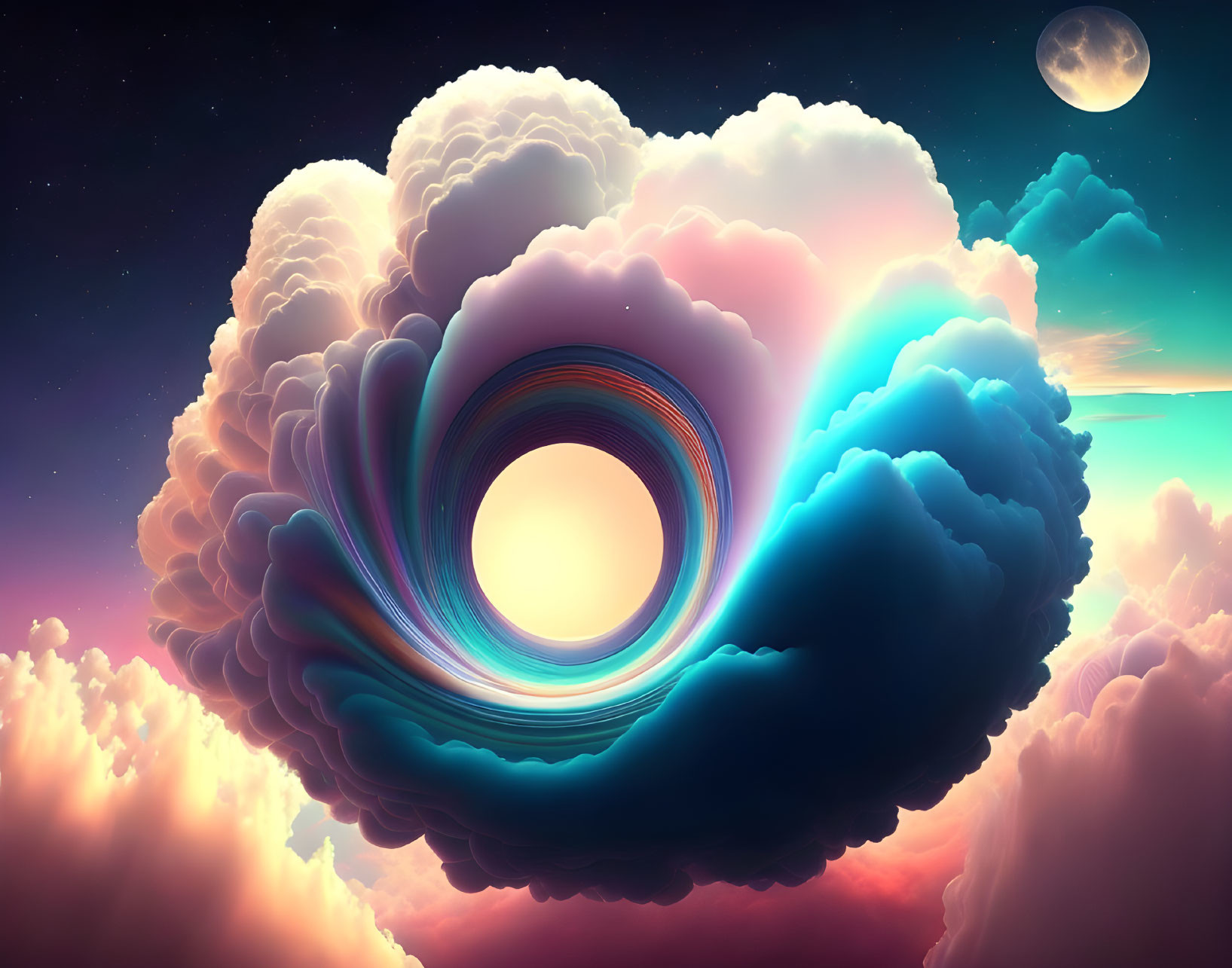 Colorful surreal cloudscape with circular vortex, sun, and moon.