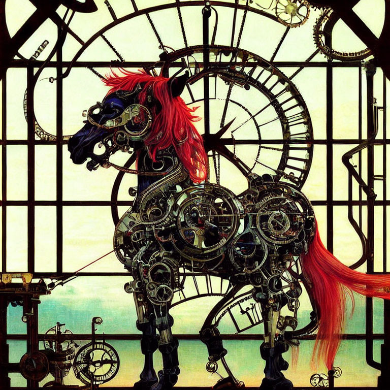 Steampunk-style mechanical horse with red accents and clock window background