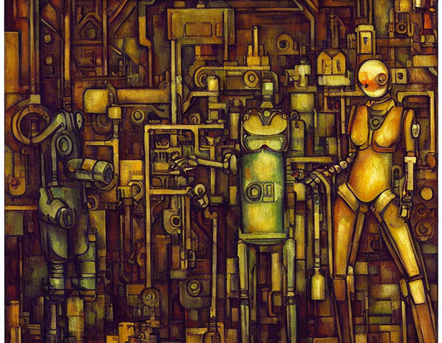 Stylized painting of robotic anthropomorphic figures in detailed, earthy mechanical background