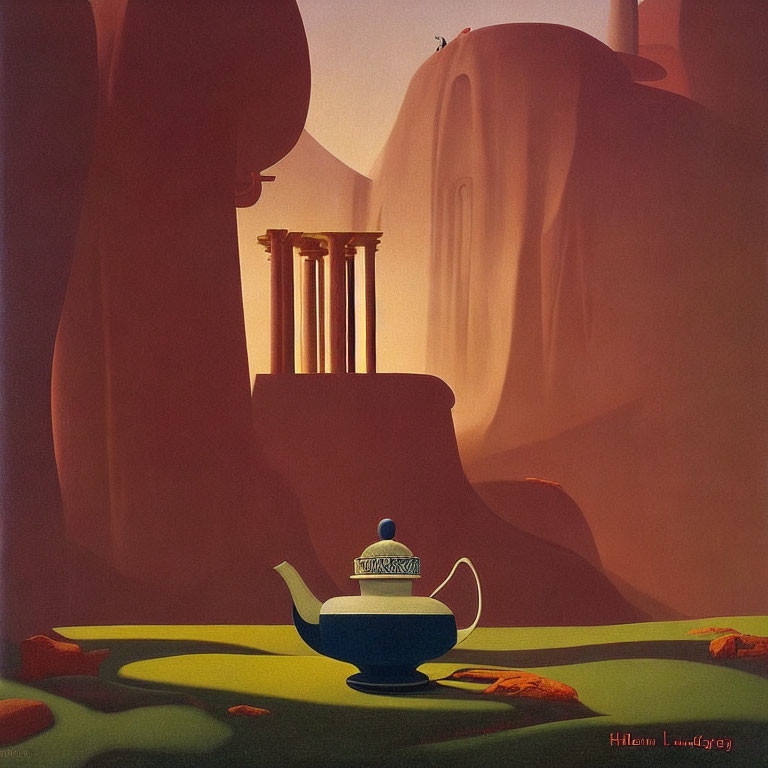 Surreal landscape with oversized teapot and classical columns in warm light