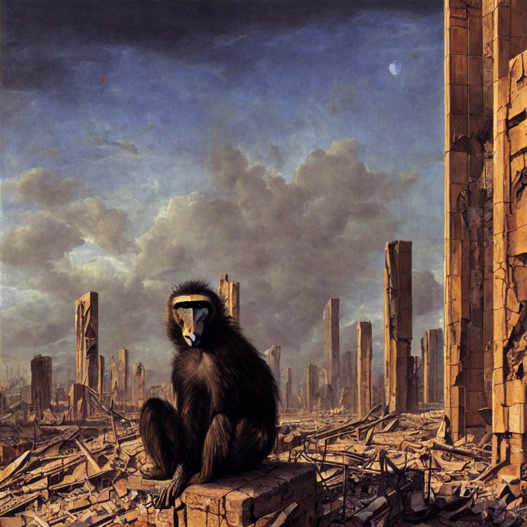 Baboon amidst ruins with dramatic sky and moon overhead