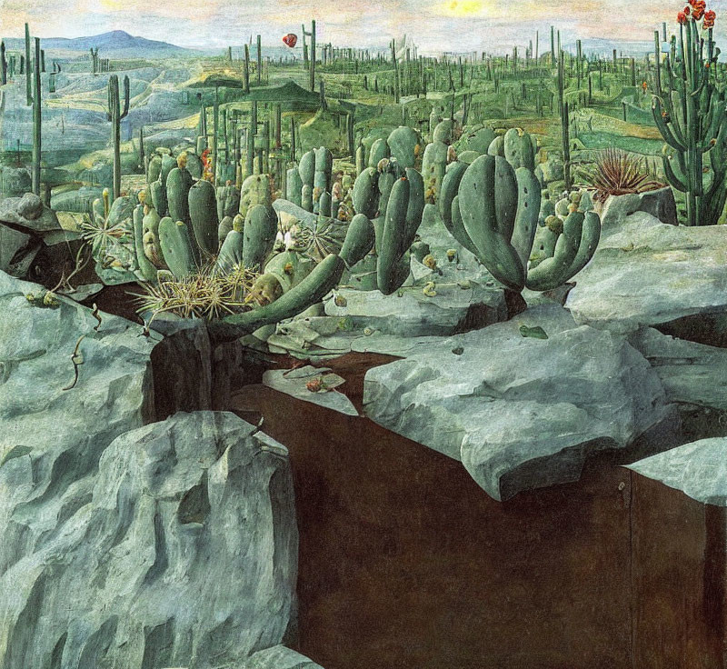 Desert landscape painting with cacti and rocky terrain