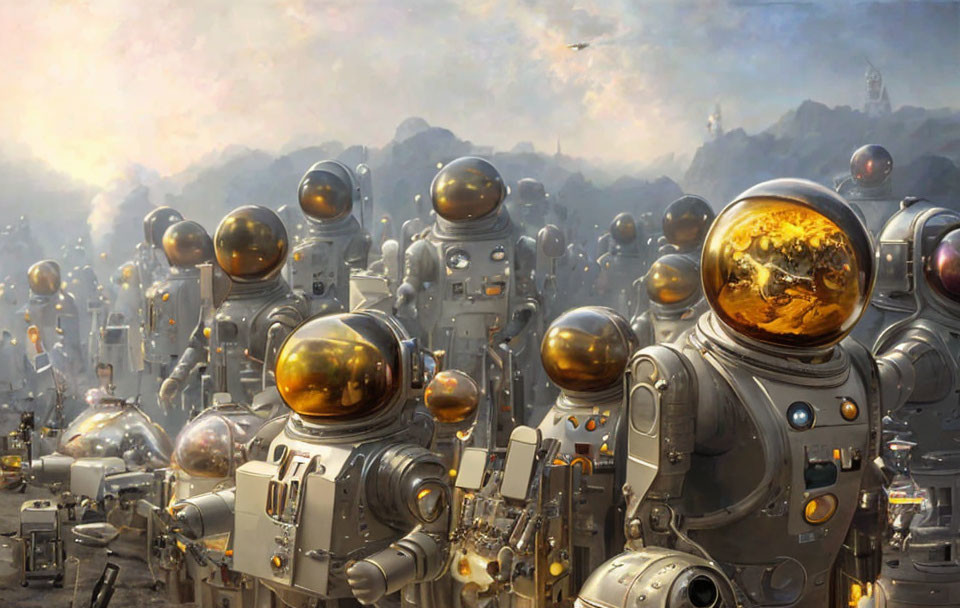 Humanoid robots with reflective spherical helmets in a dystopian landscape