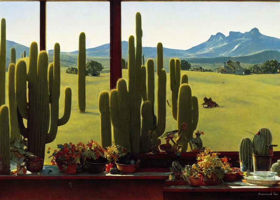 Desert landscape with cacti and mountains seen through window with potted flowers