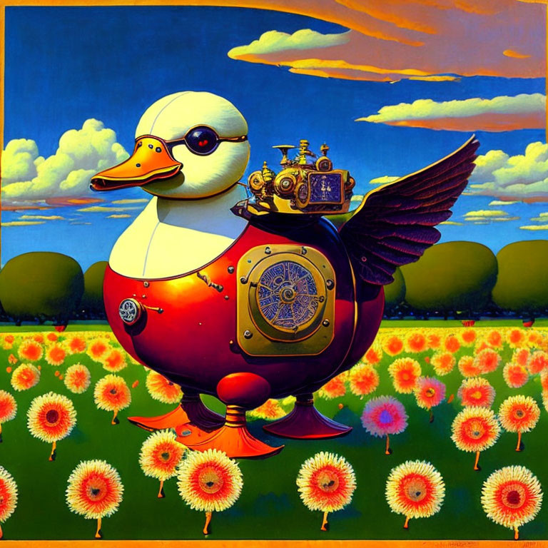 Illustration of a Mechanical Duck in Steampunk Style Amid Sunflowers