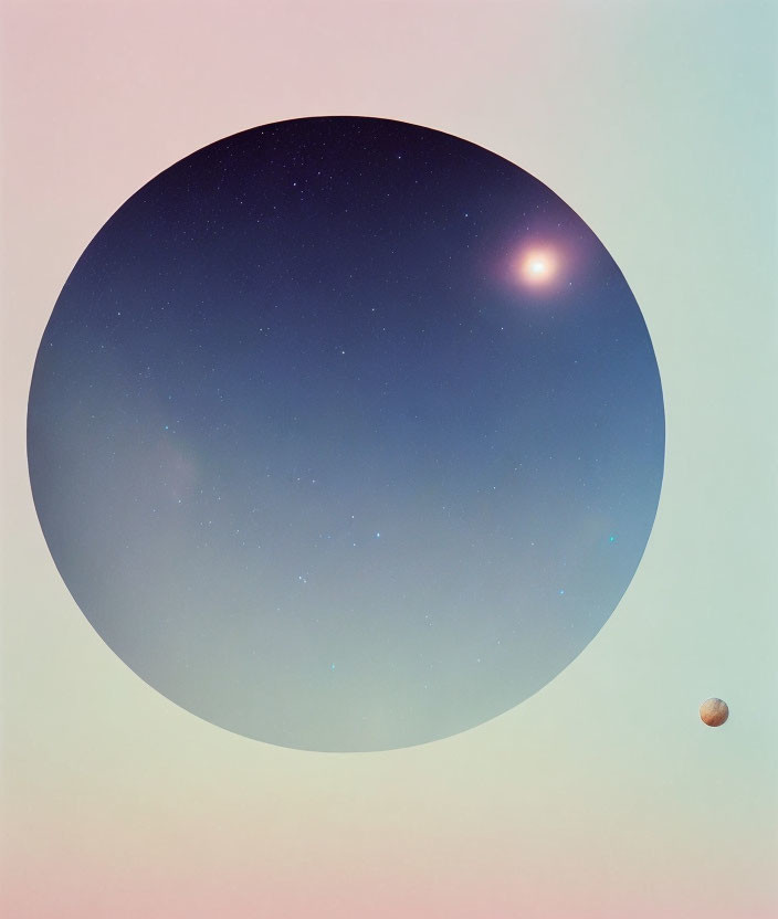 Circular Frame Featuring Pink to Blue Gradient Sky with Stars and Planet