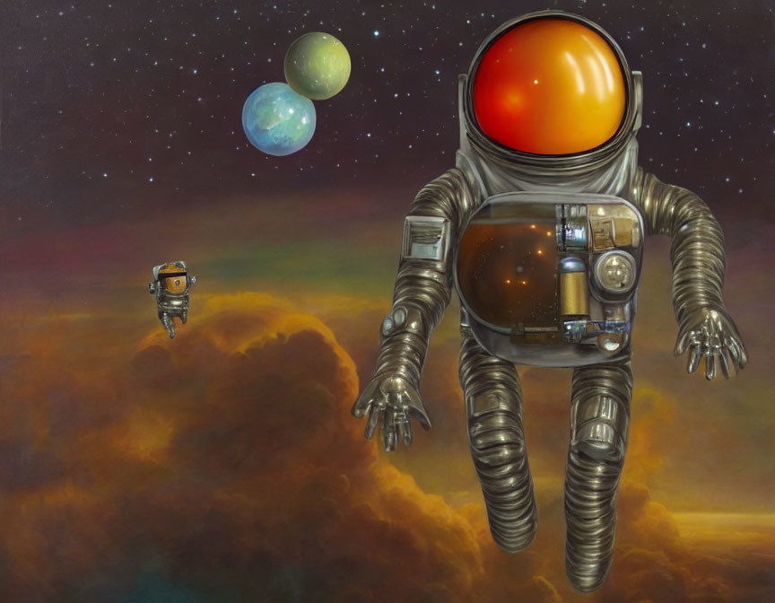 Astronaut with oversized reflective helmet above orange clouds.