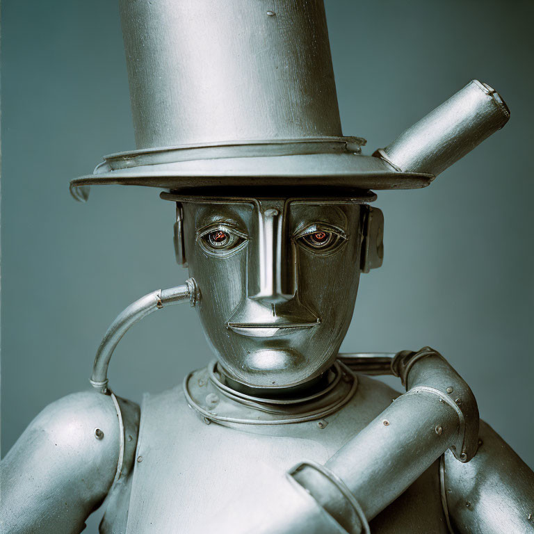 Vintage-Style Robot with Metal Top Hat and Pipe on Neutral Background