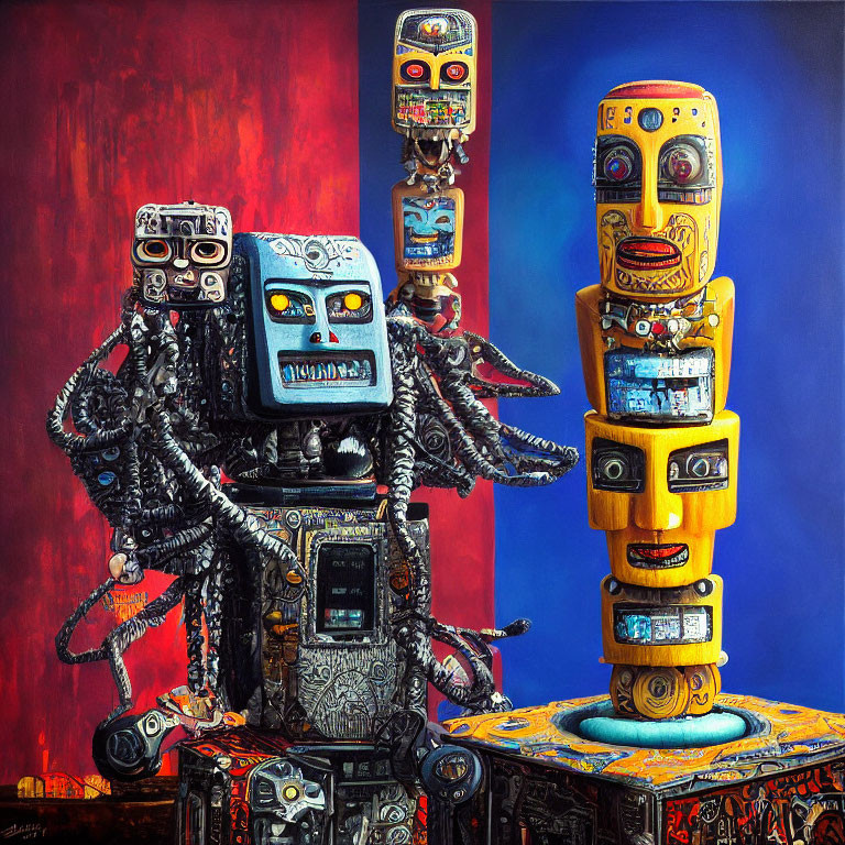 Vibrant Robot Sculptures with TV Screen Heads on Colorful Background