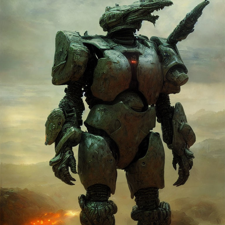 Detailed Mech Suit with Heavy Armor and Weapons in War-Torn Landscape