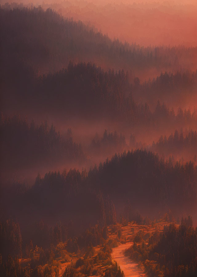 Misty forest at sunrise with fog-covered trees and warm glowing light