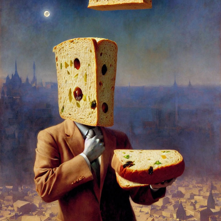 Surreal artwork featuring bread-headed person with flying toasts