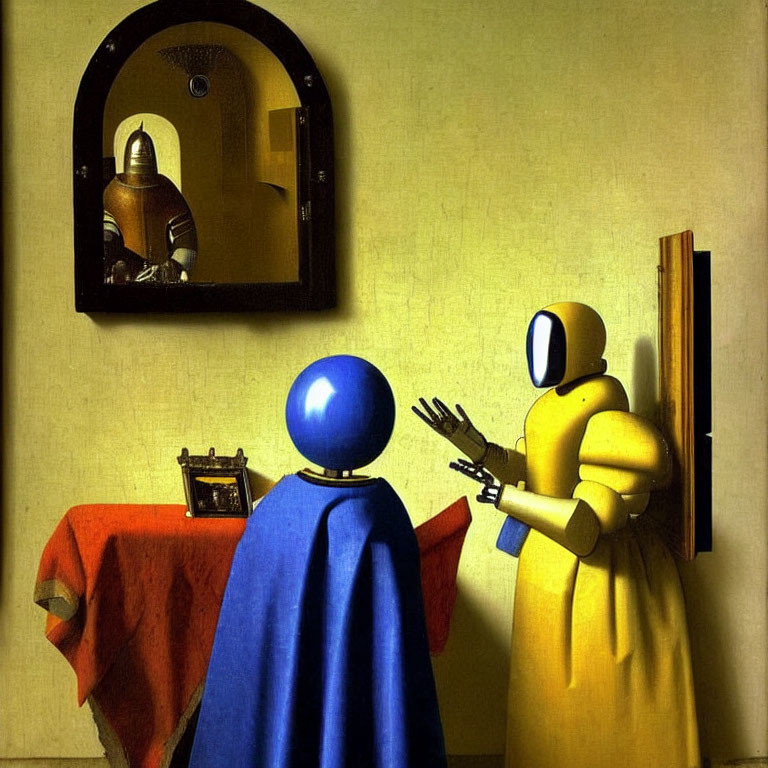 Blue and yellow humanoid figures gesture in room with mirrored knight