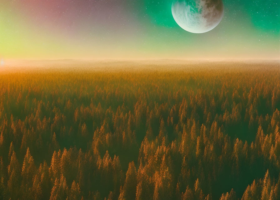 Enchanting forest scene under twilight sky with moon and northern lights