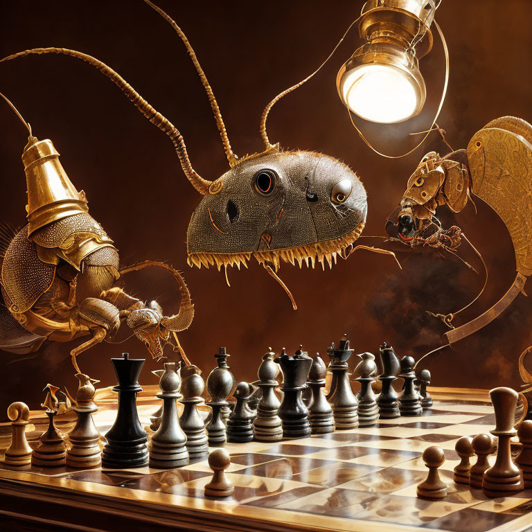 Insect-themed chess game with ant, mantis, and flea in warm, amber-lit room