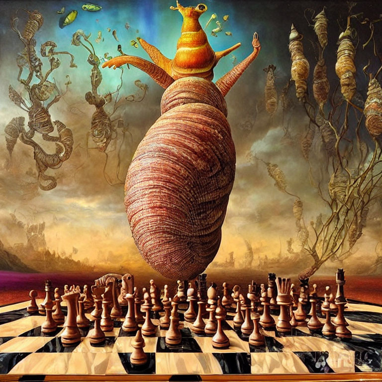 Surreal image of giant snail with crown on chessboard