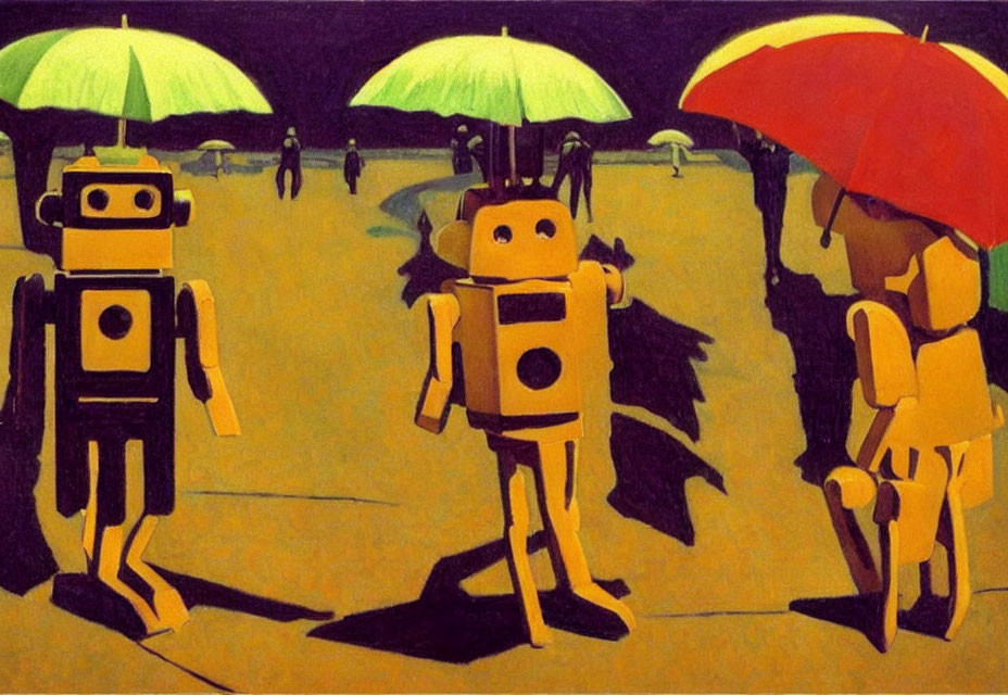 Colorful Cartoon Robots with Umbrellas in Vibrant Painting