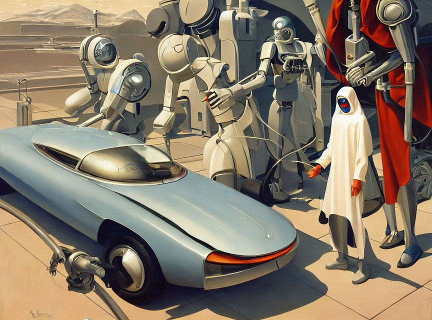 Futuristic robots and character with blue car in sci-fi scene