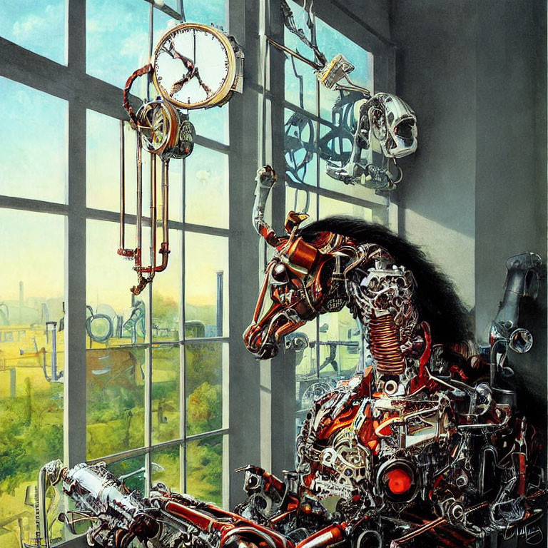 Surrealist artwork featuring mechanical horse and industrial landscape