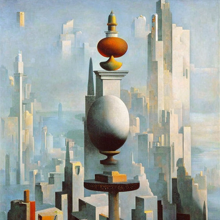 Abstract cityscape with geometric structures and surreal shapes, showcasing a sphere on a pedestal.