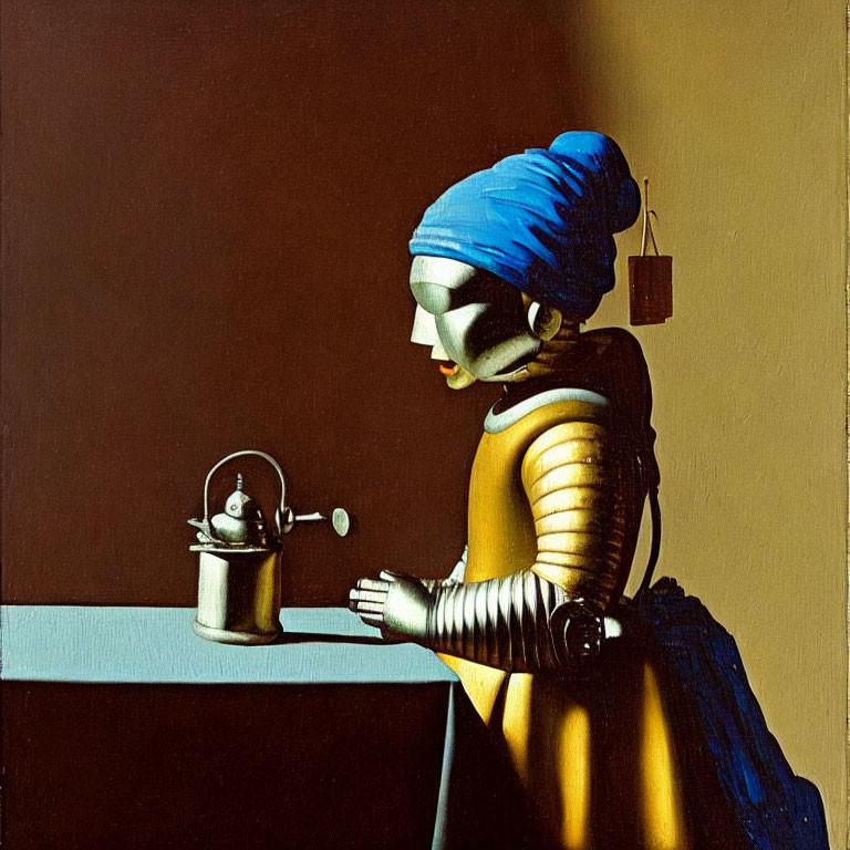 Robot-themed reinterpretation of "Girl with a Pearl Earring" with metallic tea pot on table.