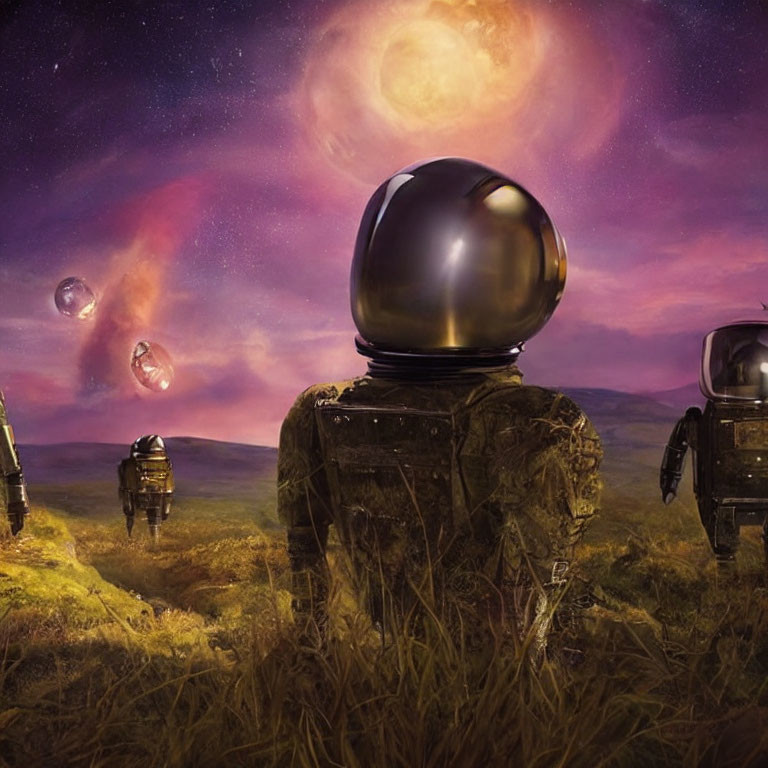 Surreal landscape featuring robotic figures with spherical heads