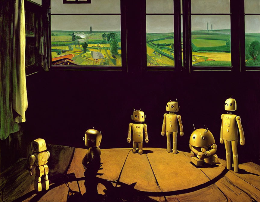 Cartoon robots in room with large windows and pastoral view