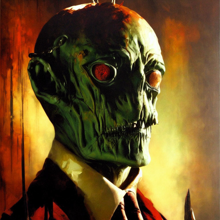 Zombified figure in suit with exposed skull and glowing red eye