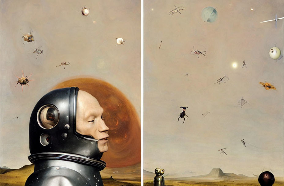 Surreal artwork: astronaut helmet, human-faced bees, helicopter-bodied figures