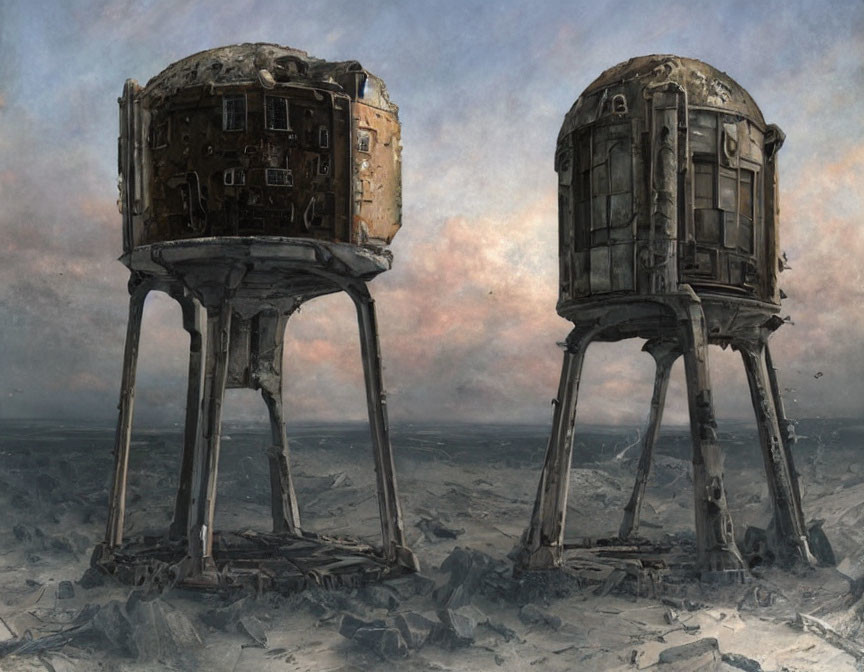 Abandoned futuristic towers in desolate landscape