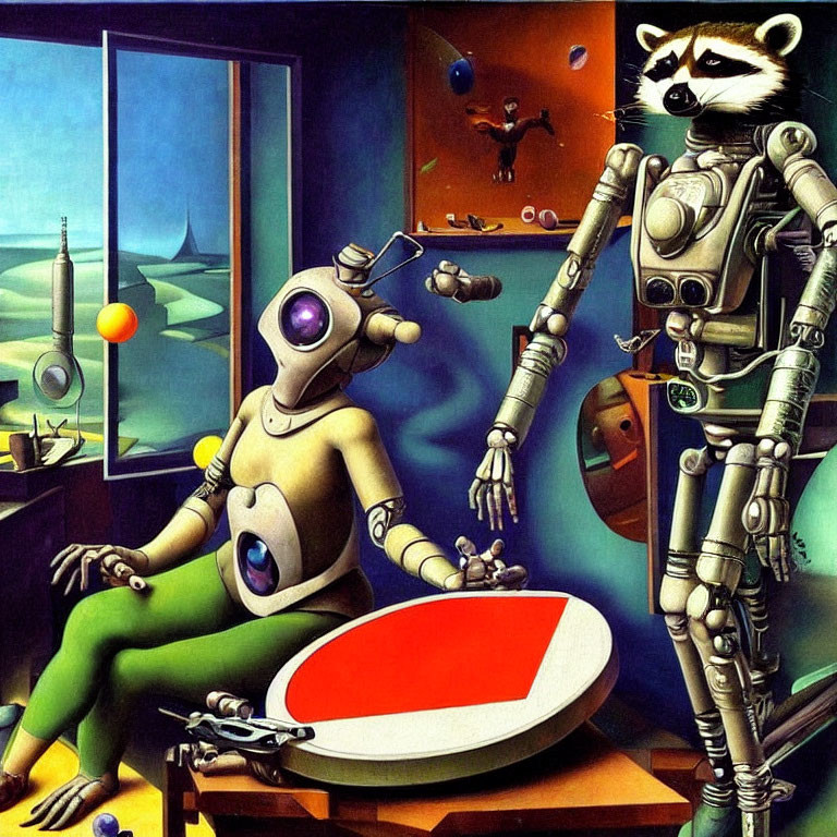 Surreal humanoid robot and raccoon-headed figure in vibrant room with open window.