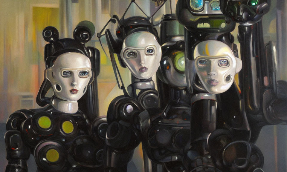 Three humanoid robots with expressive faces and detailed mechanical bodies in close proximity.