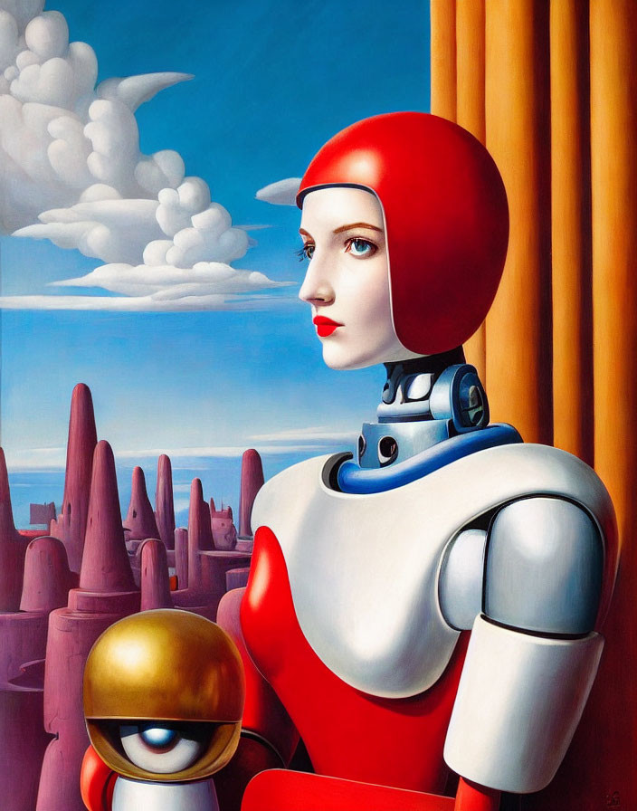 Surreal female robot with red helmet in desert landscape