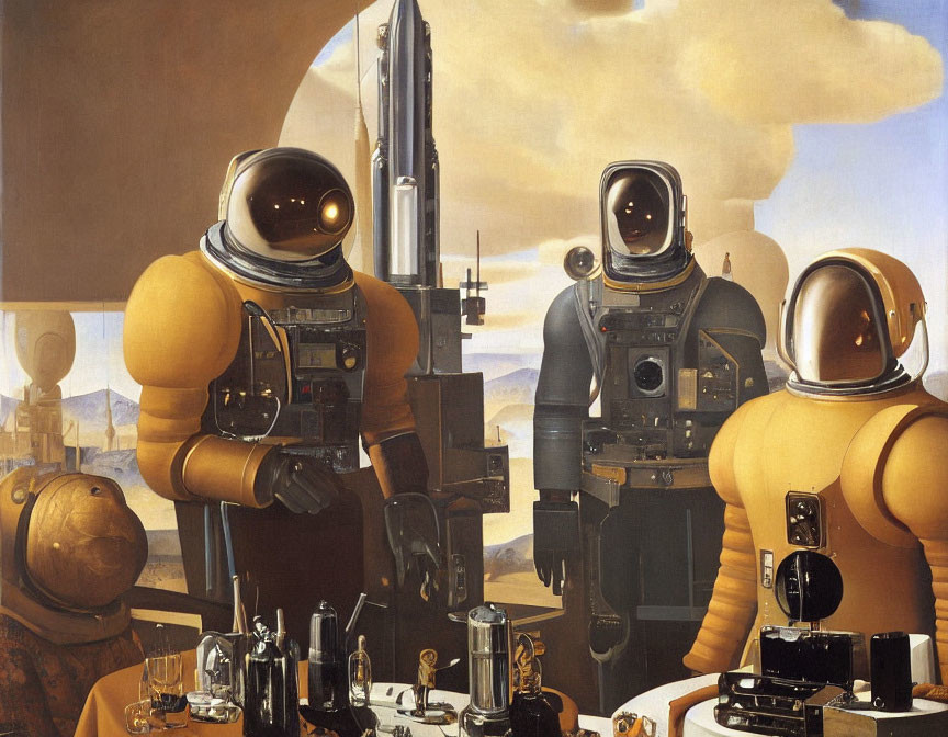 Three humanoid figures in astronaut suits at table in surreal desert landscape