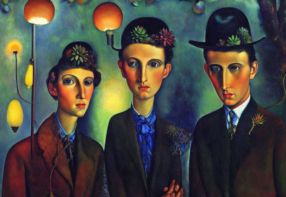 Surreal background with three figures in floral hats