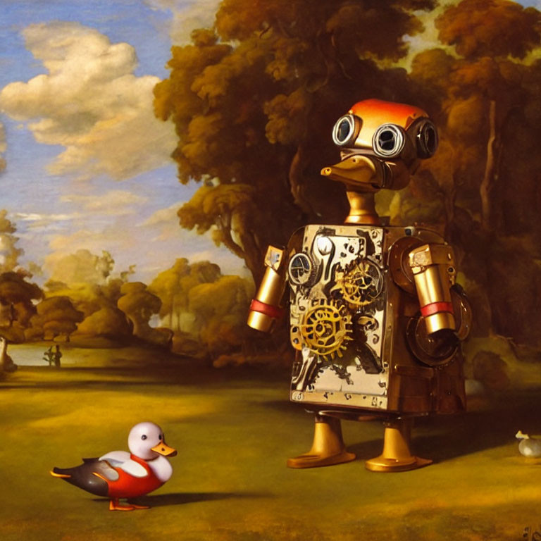 Steampunk robot and rubber duck in whimsical pastoral setting