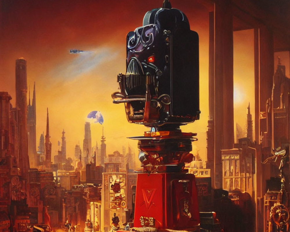 Imposing robot in futuristic cityscape at dusk