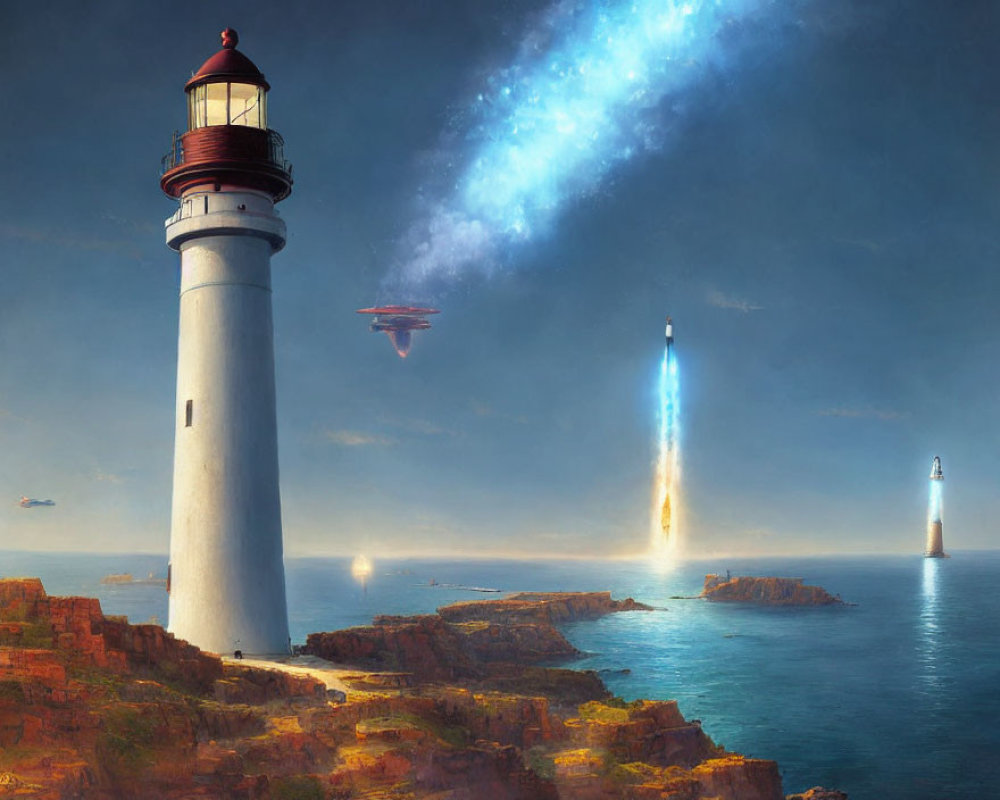 Coastal scene with lighthouse, dramatic skies, and mysterious spacecraft beams.