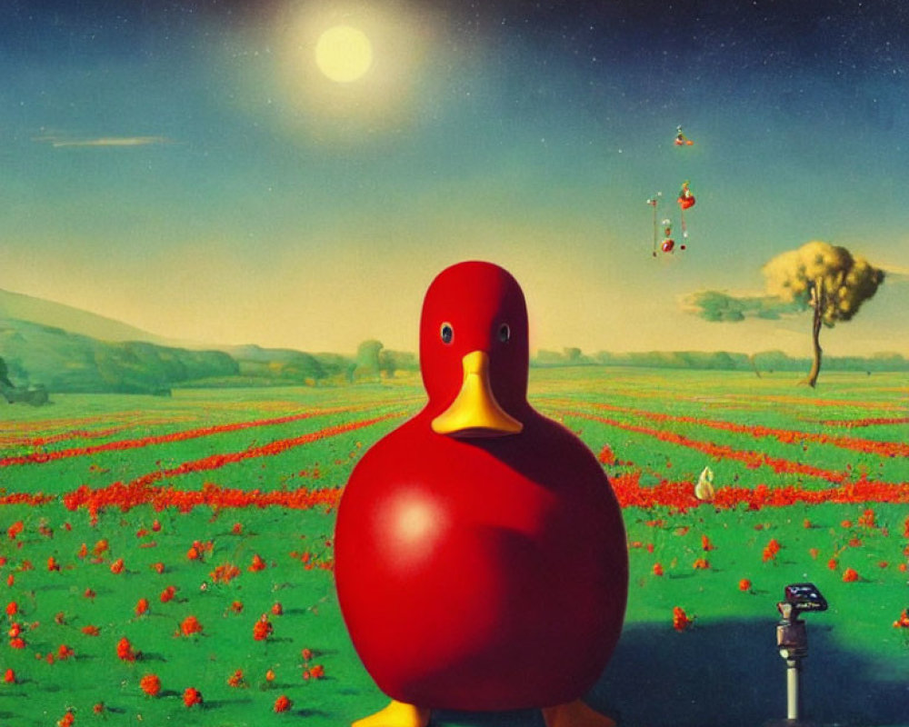 Vibrant painting: red rubber duck in field of red flowers with blue sky