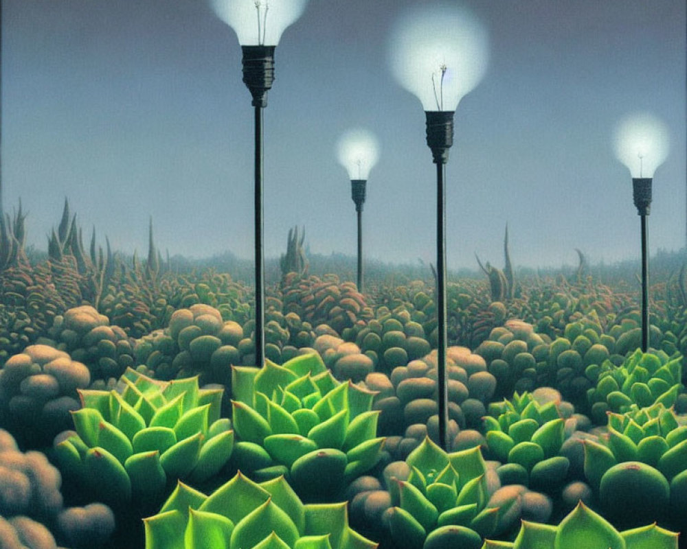 Surreal image: Glowing street lamps over geometric plants at dusk