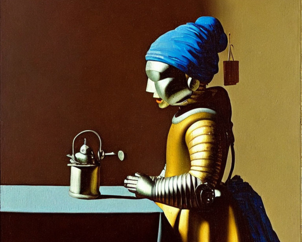 Robot-themed reinterpretation of "Girl with a Pearl Earring" with metallic tea pot on table.