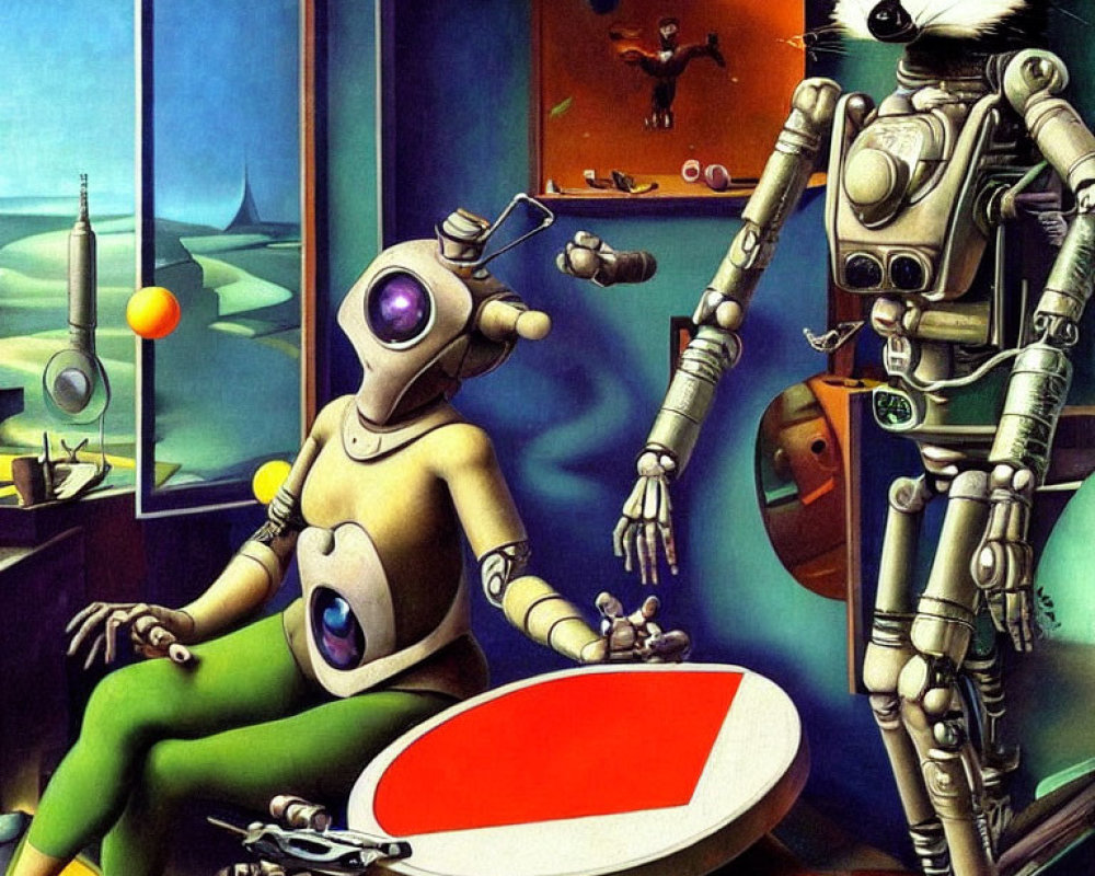 Surreal humanoid robot and raccoon-headed figure in vibrant room with open window.