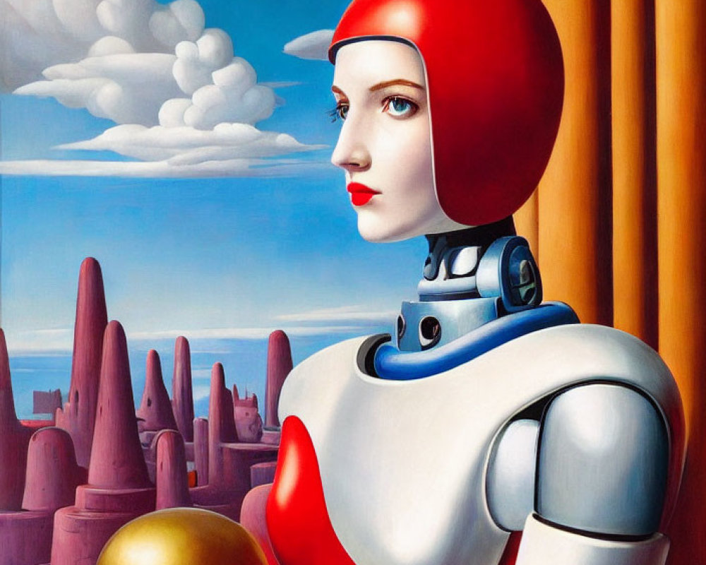 Surreal female robot with red helmet in desert landscape